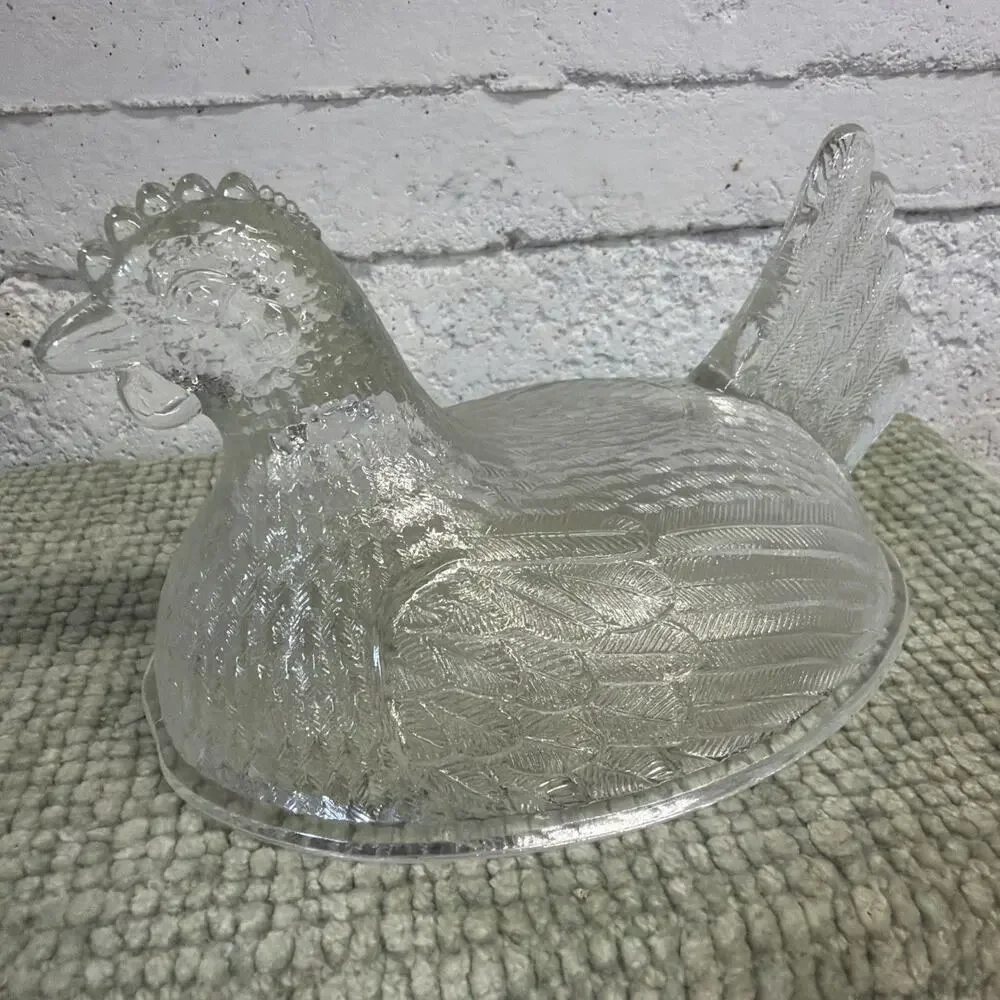 Vintage Clear Glass Chicken Hen On Nest - Lid TOP ONLY Very Detailed